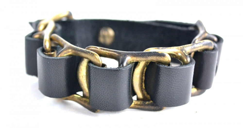 Black Leather Brass Buckle Bracelet
