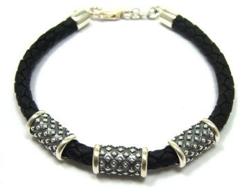 Gent's Black Leather and Sterling Silver Pendant Bracelet