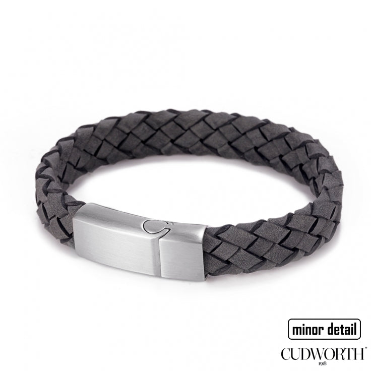 Mens Italian Woven Leather Bracelet in Grey leather with Steel Clasp - by Cudworth Jewellery Australia