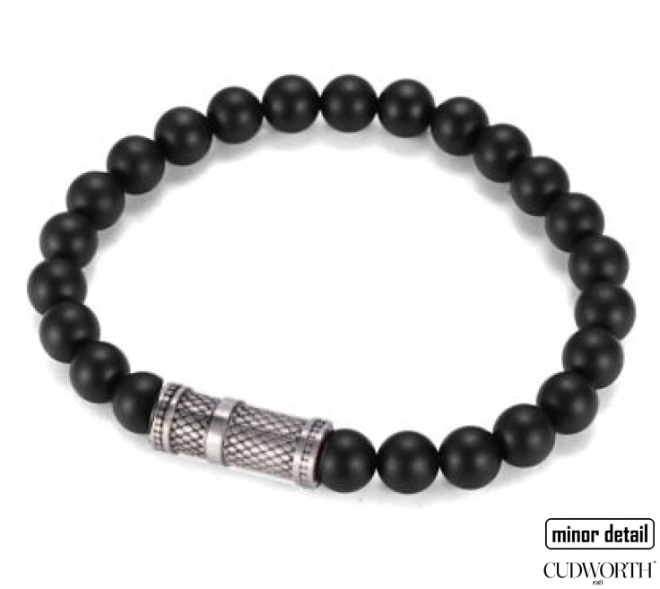 Mens black agate beaded bracelet with lattice steel pendant