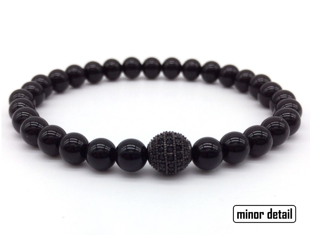 Black Agate Mens Beaded Bracelet with CZ Polished