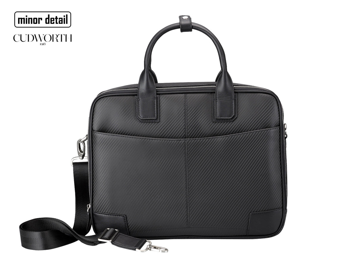 Cudworth Black Leather Briefcase in carbon leather with shoulder strap.