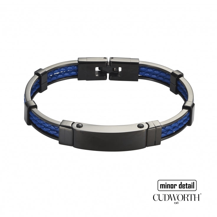 Cudworth Mens Bracelet in Black Steel with Blue Leather.