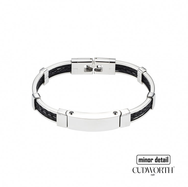 Mens Silver Frame Black Leather Bracelet by Cudworth