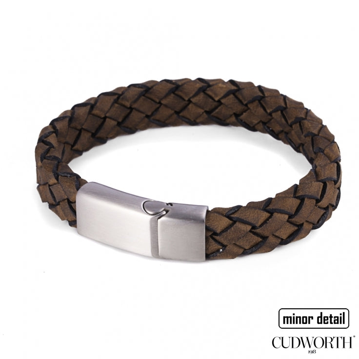 Mens Italian Woven Leather Bracelet in Brown with Steel Clasp - by Cudworth Jewellery Australia