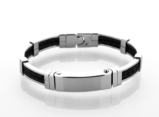 Mens Steel and Black Leather Bracelet by Cudworth Jewellery Australia