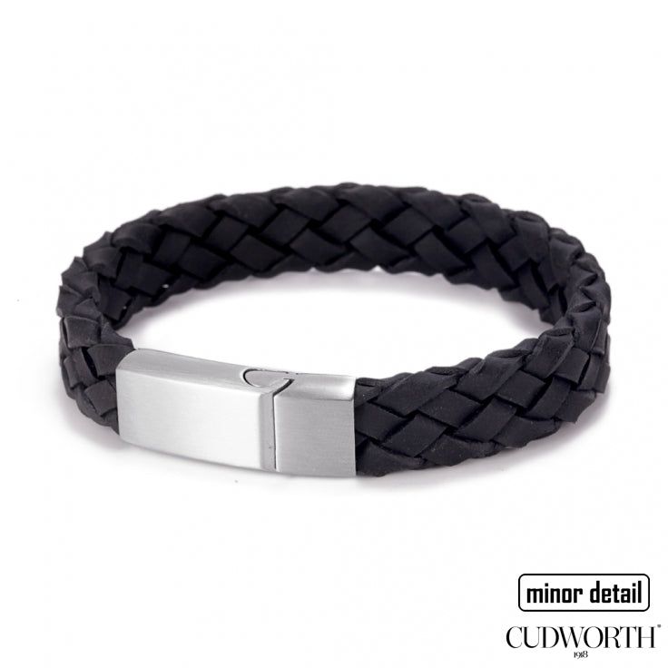 Mens Italian Woven Leather Bracelet in Black leather with Steel Clasp - by Cudworth Jewellery Australia