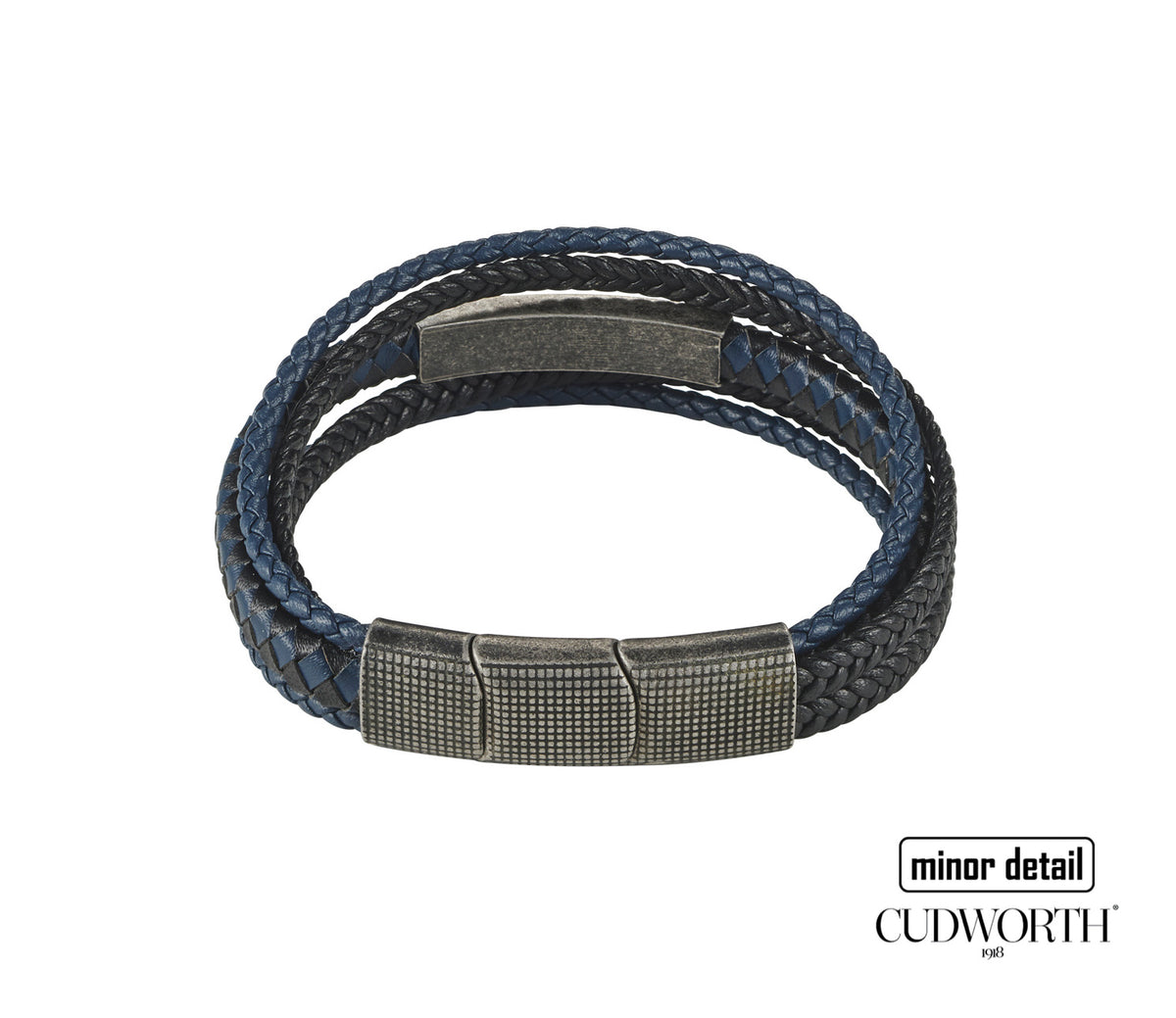 stacked mens bracelet in thin leather cords and steel clasp