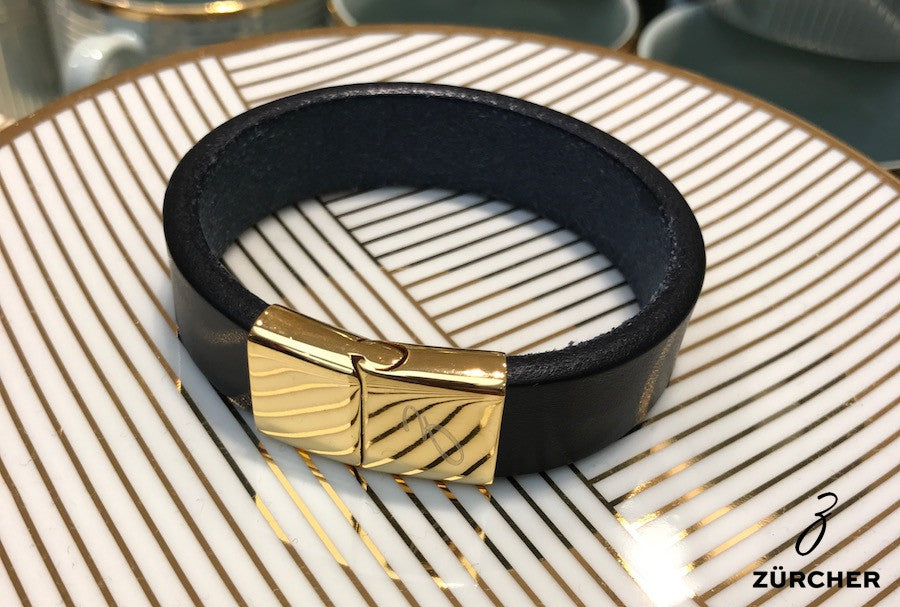 Black Leather Bracelet with Gold Clasp by ZÜRCHER